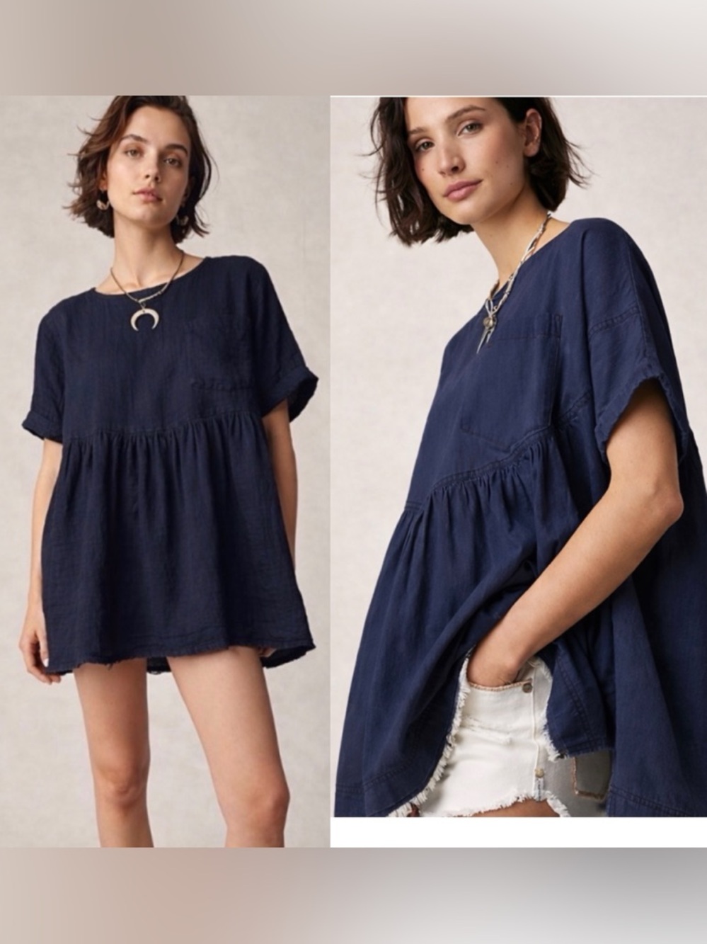 Free People Babydoll Tunic Top – Navy Blue | Oversized Relaxed Fit